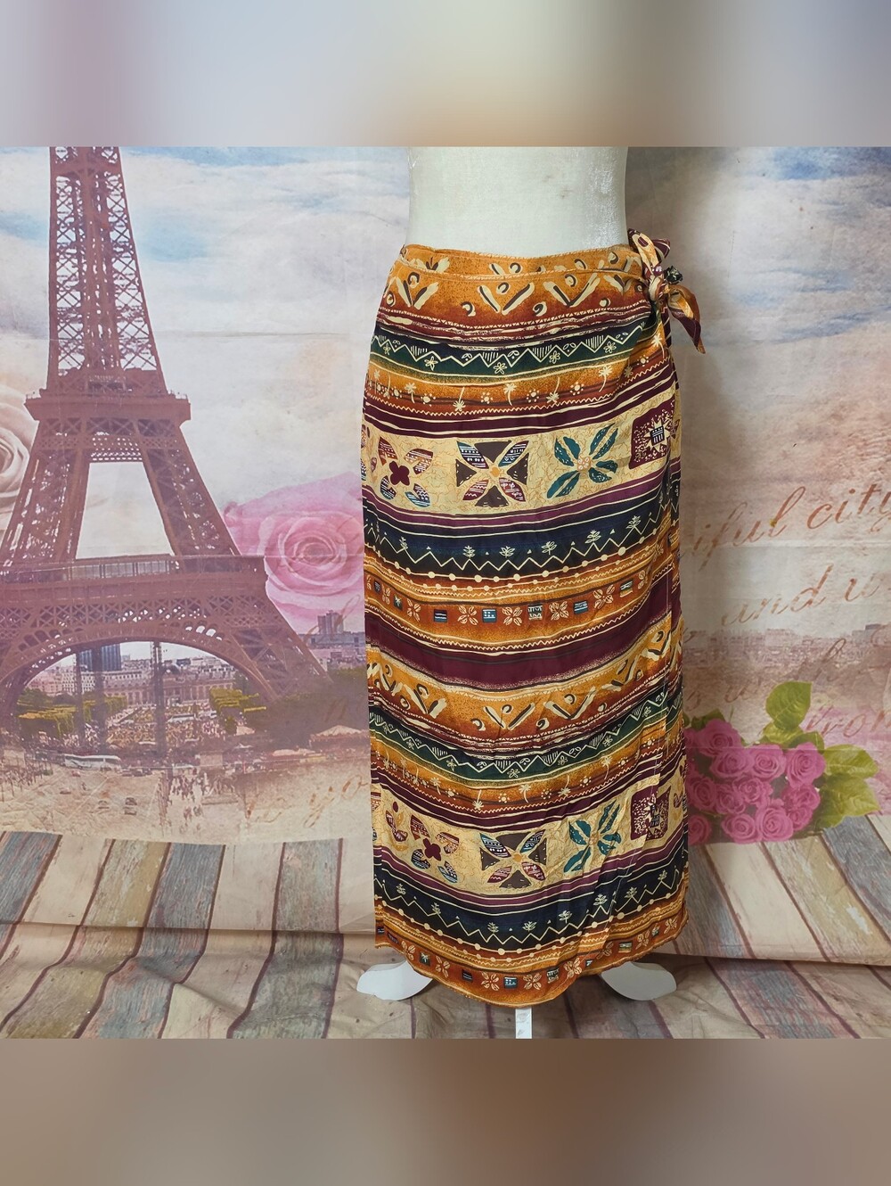New York Studio Boho Tribal Print Maxi Skirt 100% Silk Sz 10